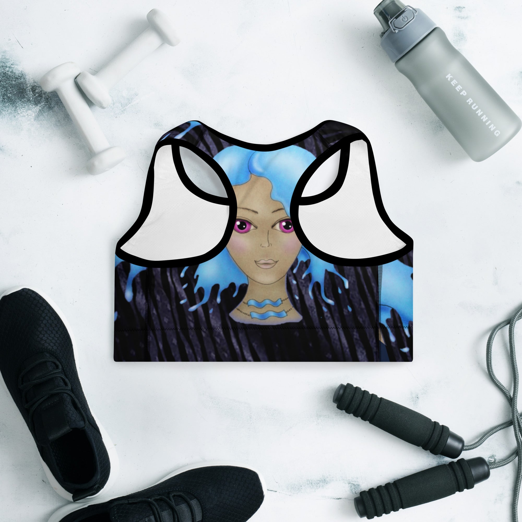 Black Sports Bra. Gym Top for Women. Workout Wear for Aquarians. "Cosmic Aqua" by WickedYo.